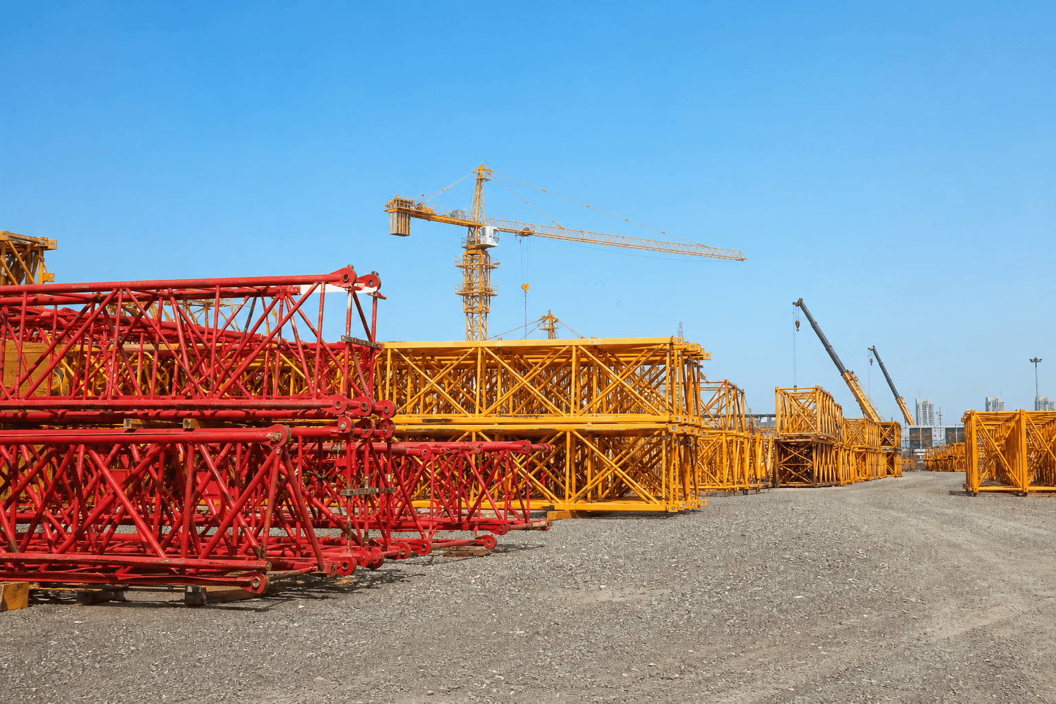 Used tower crane mast sections stored in equipment yard