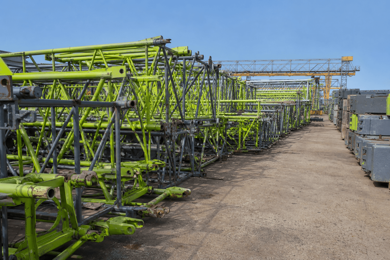 Disassembled tower crane inventory in outdoor stock yard