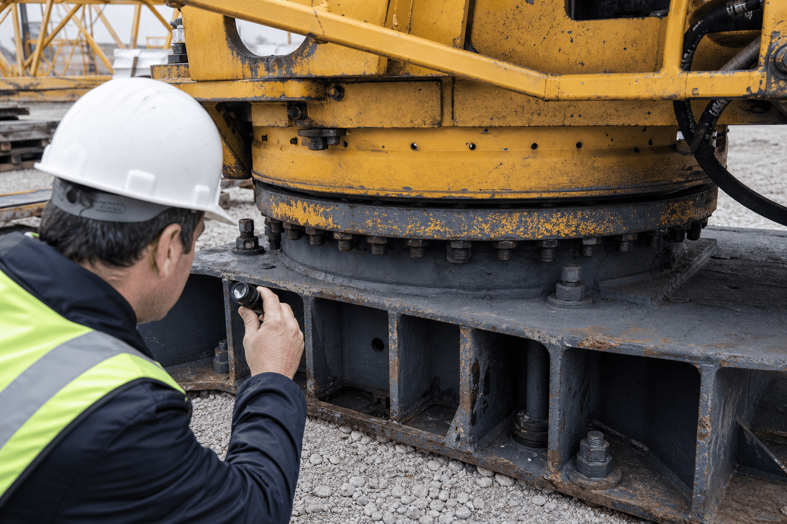 Used tower crane slewing base inspection before export