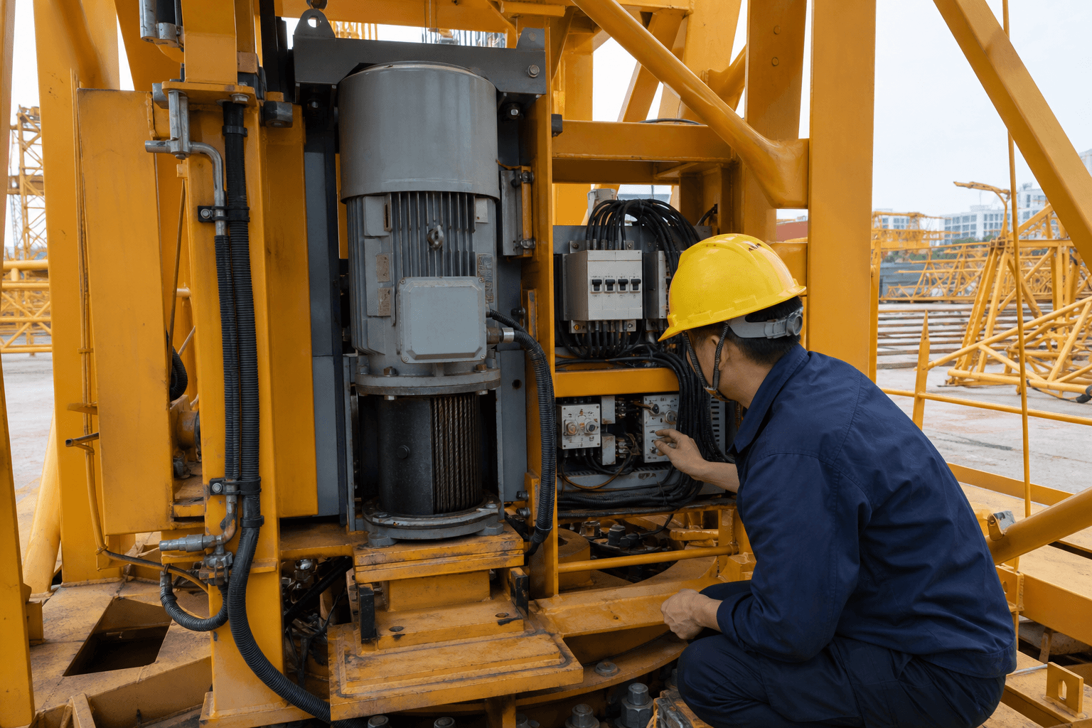 Tower crane hoist and structure condition check at yard