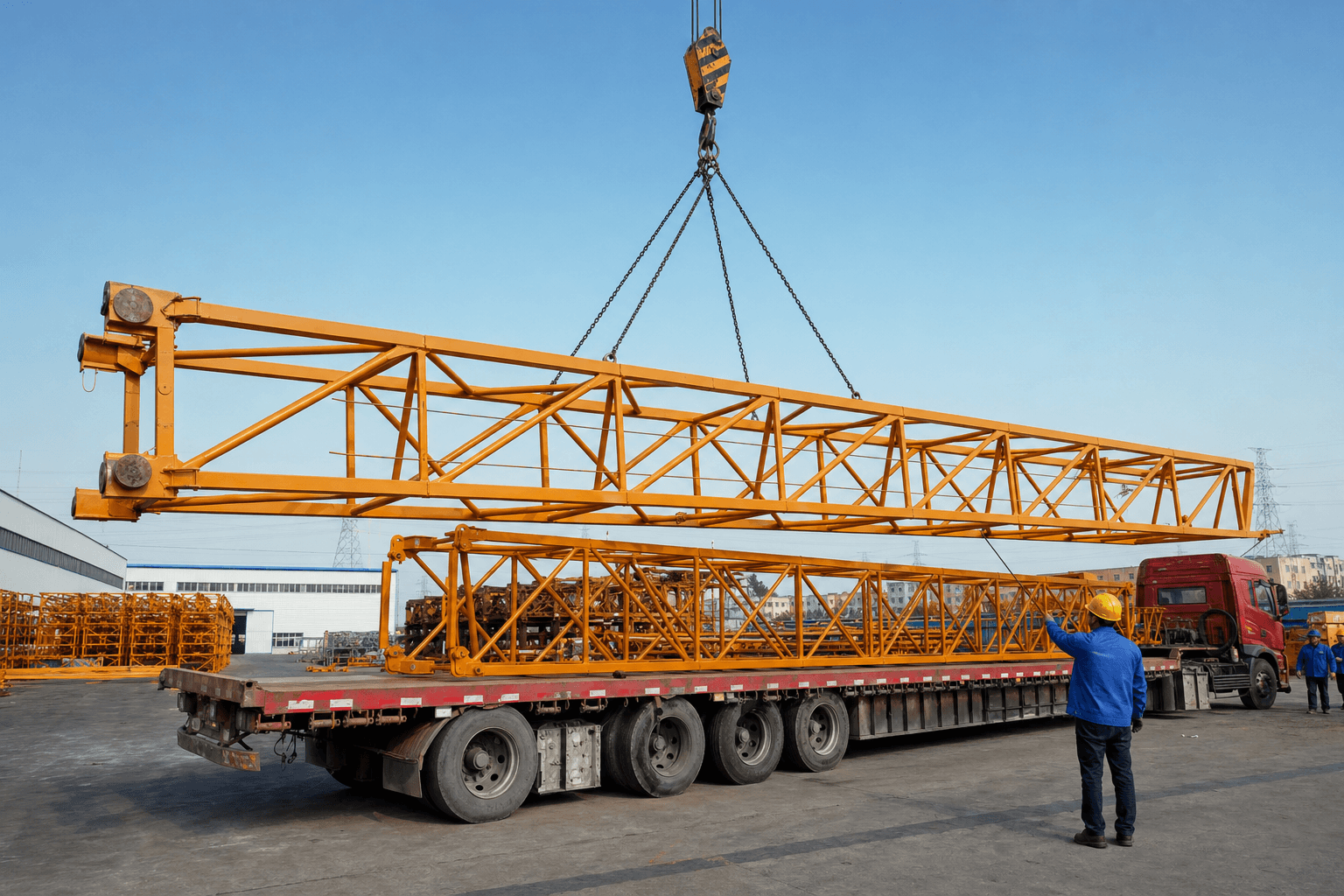 Tower crane section loading onto flatbed truck for export