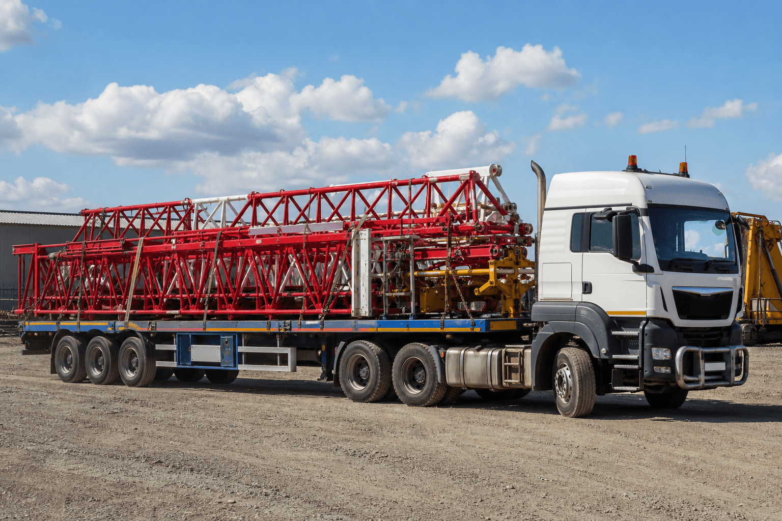 Disassembled tower crane parts on truck leaving equipment yard
