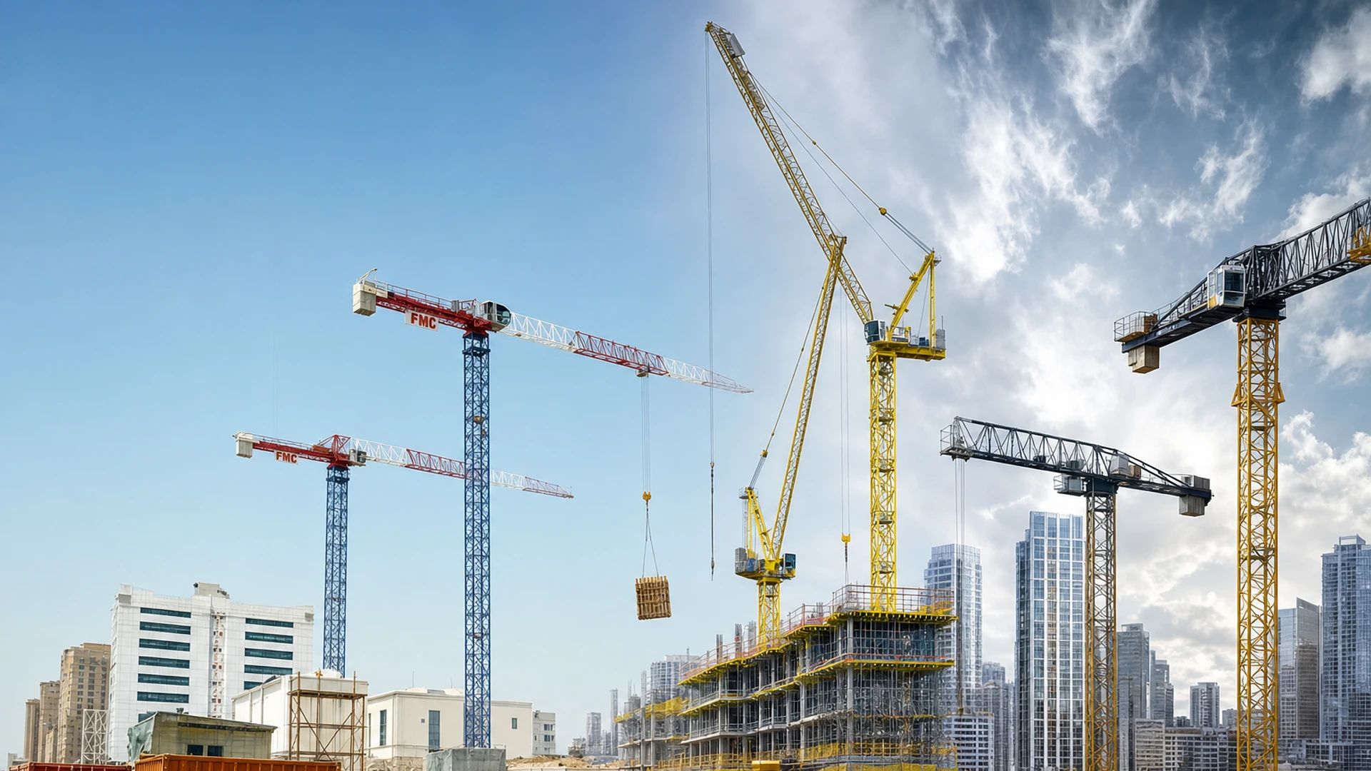 Multiple flat top, hammerhead and luffing tower cranes at equipment yard